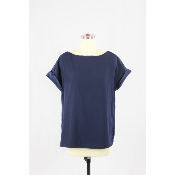 MM.LAFLEUR Betty Navy Blue Matte Crepe Cuffed Boat Neck Blouse Top, Size XL - Picture 1 of 14